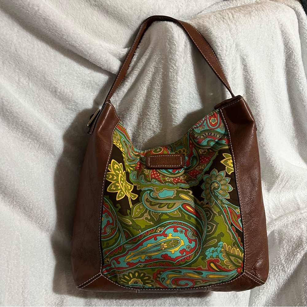 Kate Spade New York Brown Leather Paisley Canvas Hobo Bag
